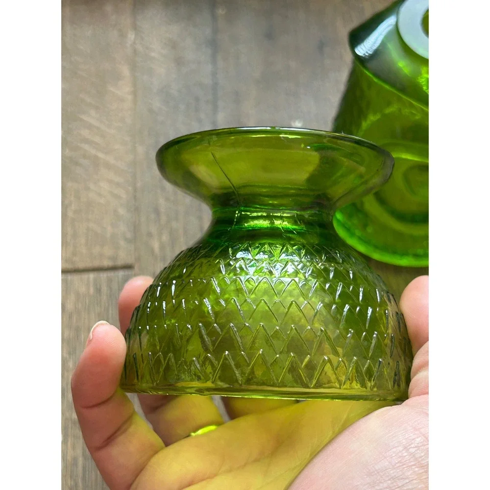 Vintage Viking Glass Green Owl Fairy Lamp MCM Avocado Glimmer Glass 2 Piece Set